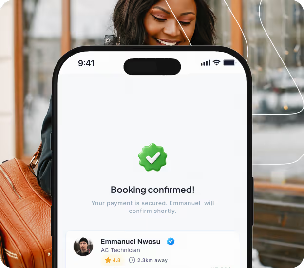 Phone screen showing booking confirmed message with technician Emmanuel Nwosu and a green checkmark.